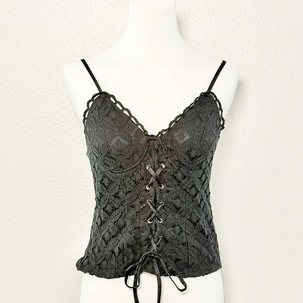 Lily Star Black Lace Corset Top Y2K Dark Coquette Bustier Lace Up Camisole M - Picture 5 of 15